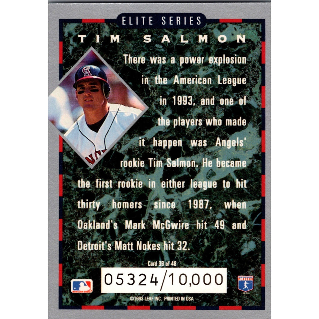 Back view of 1993 Donruss Elite Series #39 Tim Salmon card showing serial numbering and player information