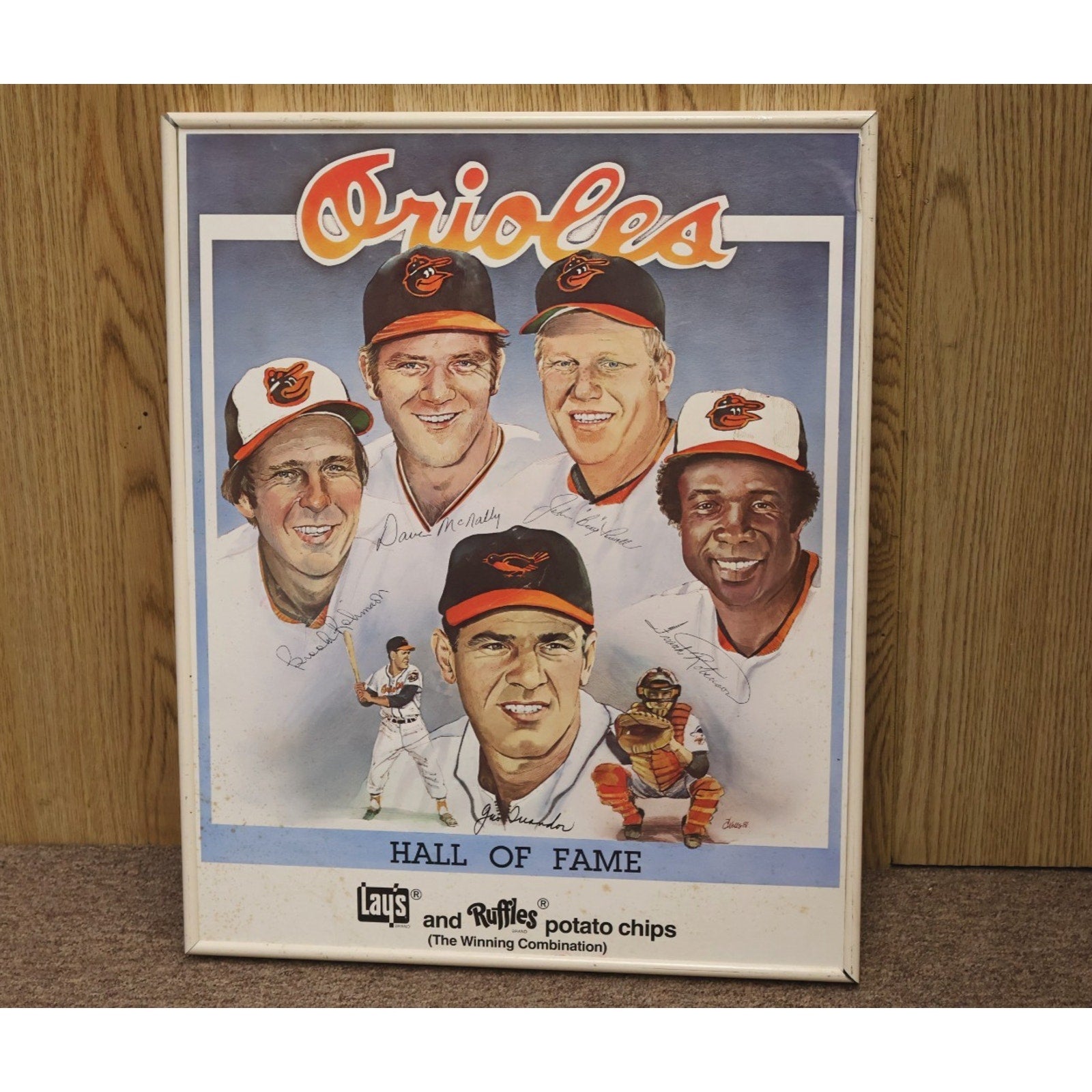 Vintage 1981 Baltimore Orioles Hall of Famers framed cartoon artwork featuring legendary Orioles players
