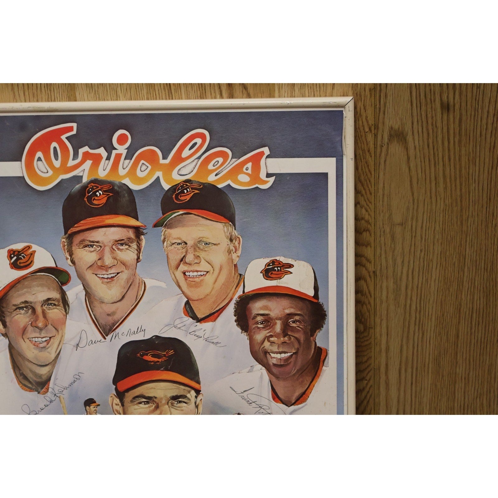 Additional close-up of framed Baltimore Orioles vintage cartoon art piece