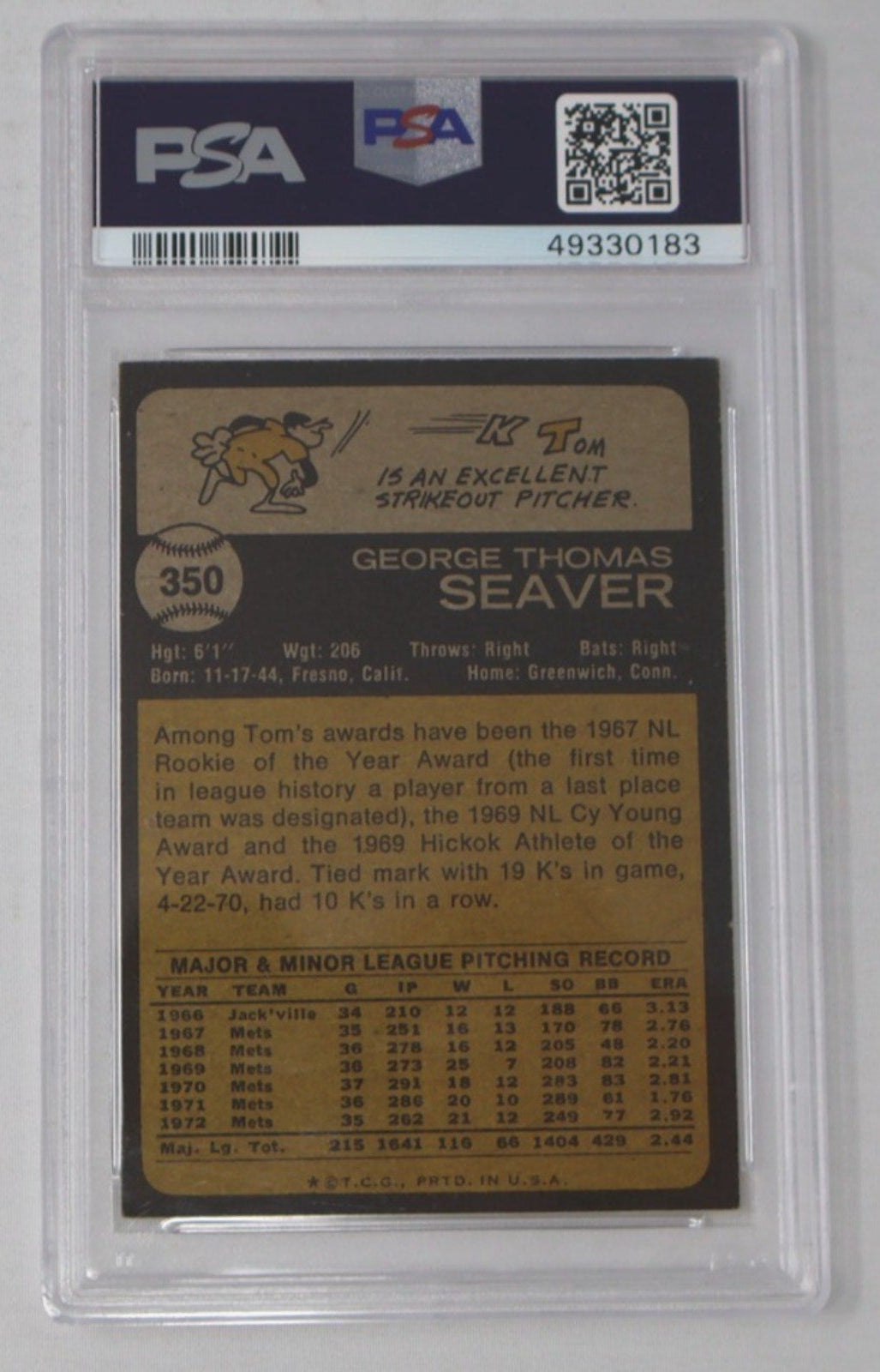 Back view of PSA 3.5 graded 1973 Topps Tom Seaver baseball card #350