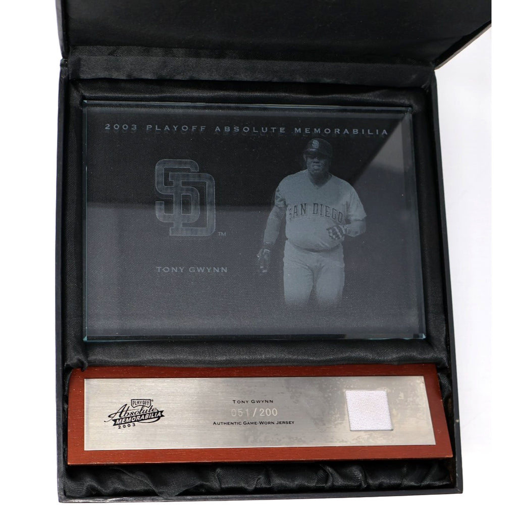 Front display view of a 2003 Playoff Absolute Memorabilia Tony Gwynn Glass Plaque featuring a game-used jersey relic and San Diego Padres imagery in presentation case