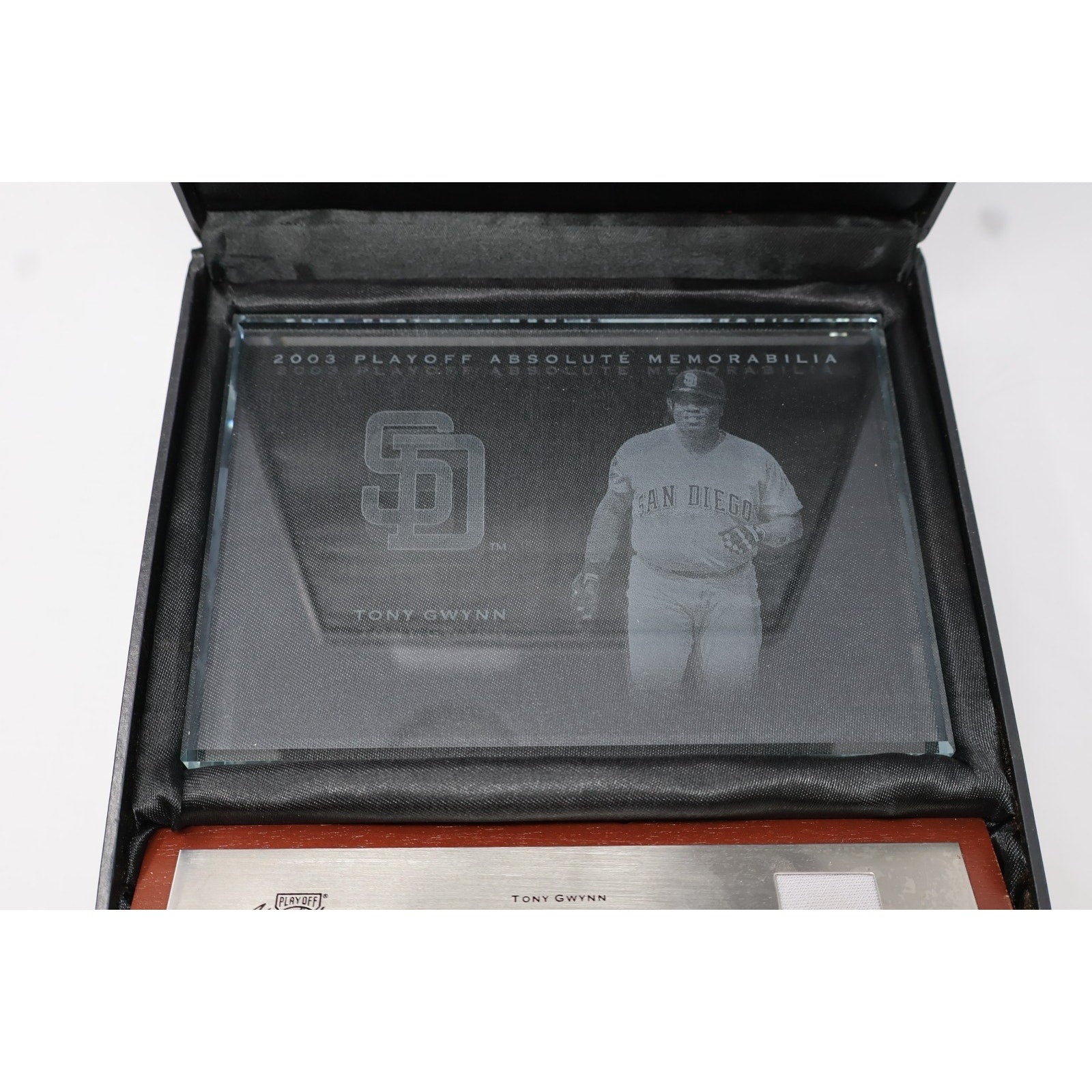 Angled display view of the Tony Gwynn collectible plaque inside its presentation case