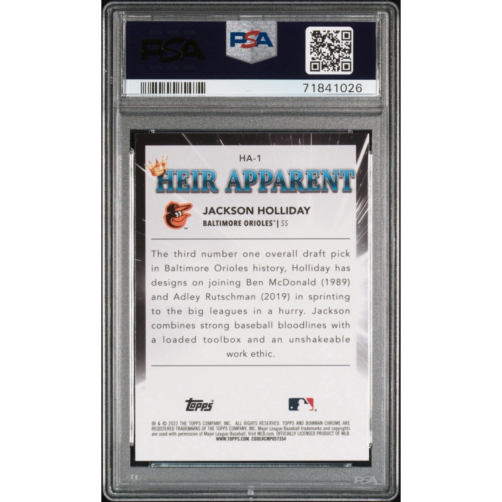 2022 Bowman Draft Jackson Holliday Heir Apparent #HA-1 PSA 10 Gem Mint card back featuring prospect information and insert details