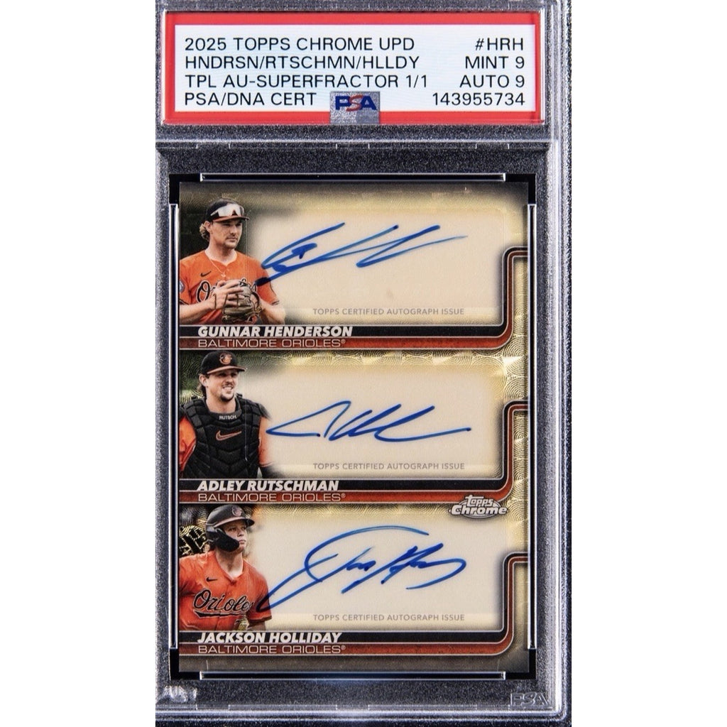 2025 Topps Chrome Update Triple Autograph Superfractor 1/1 featuring Jackson Holliday, Adley Rutschman, and Gunnar Henderson graded PSA Authentic Altered