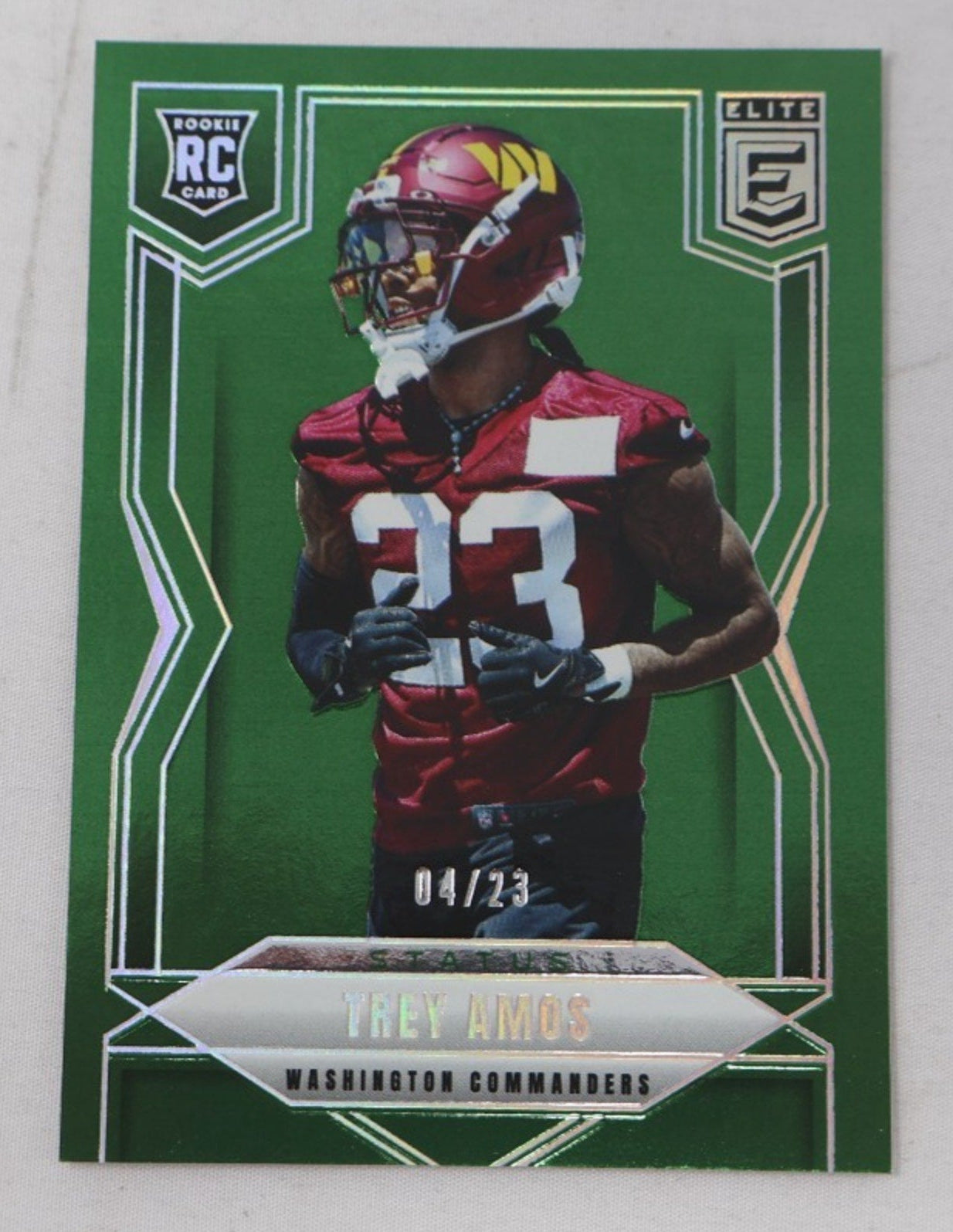 2025 Donruss Elite Trey Amos rookie card green parallel numbered to 23 featuring Washington Commanders player