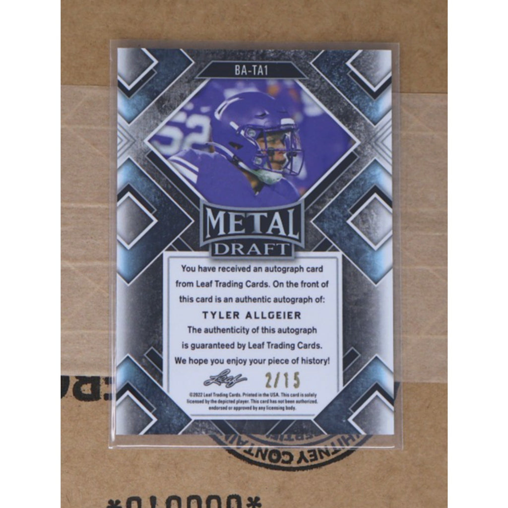 Back view of Tyler Allgeier 2022 Leaf Metal Draft Black Crystals card