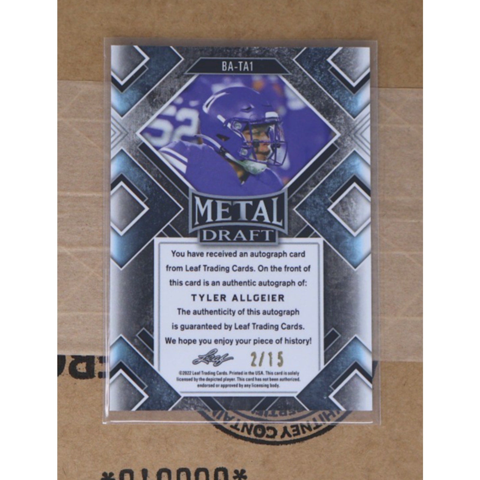Back view of Tyler Allgeier 2022 Leaf Metal Draft Black Crystals card