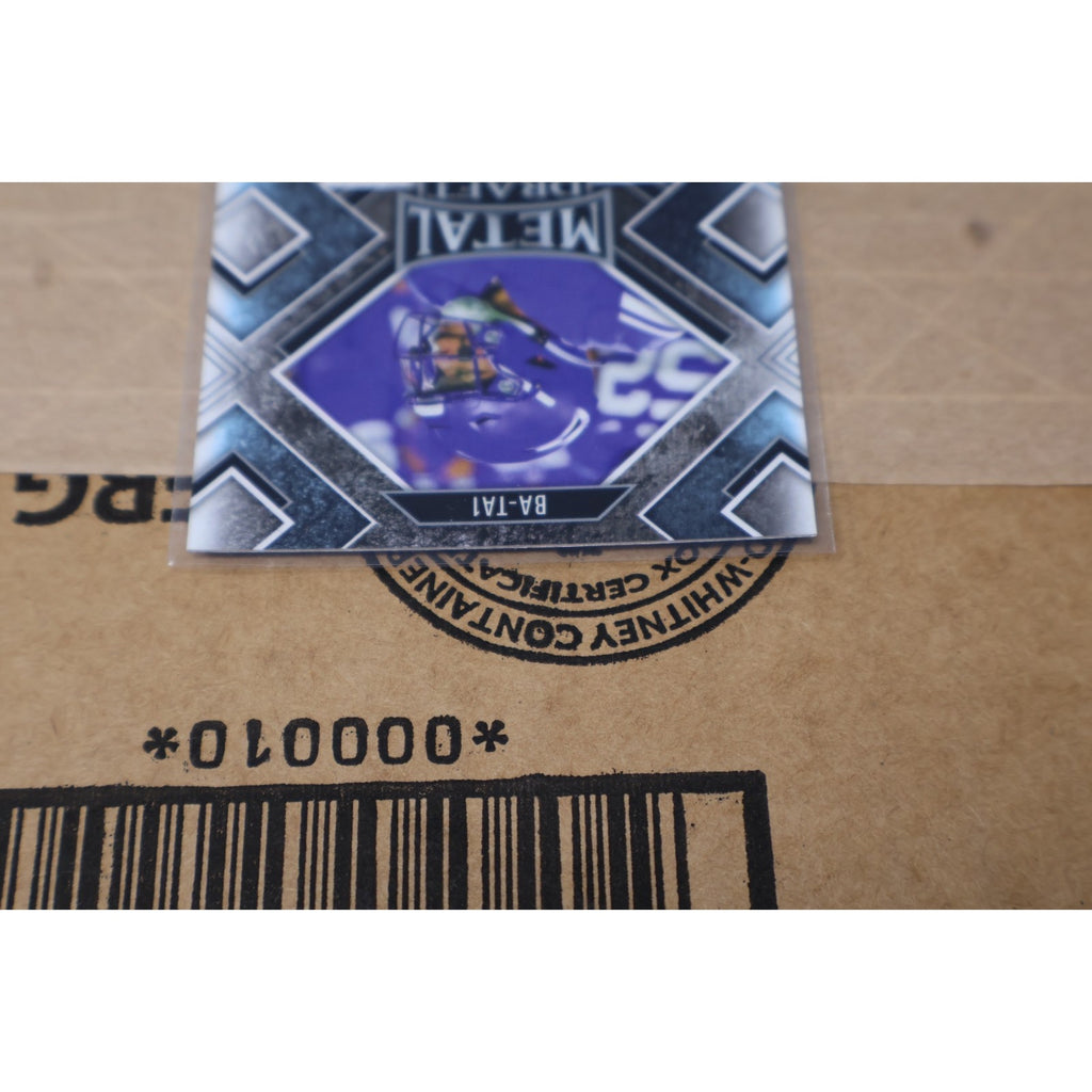 Additional display angle of 2022 Leaf Metal Draft Black Crystals Tyler Allgeier card