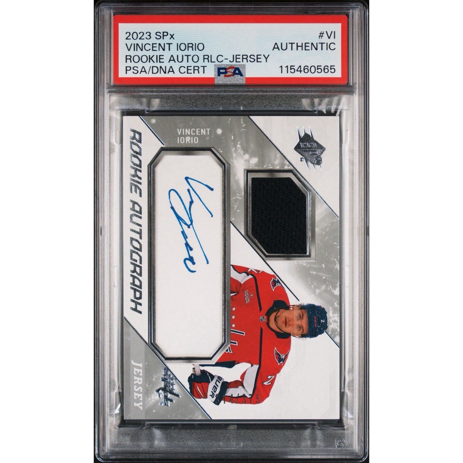 2023 SPx Vincent Iorio Rookie Jersey Autographs card numbered to 375 featuring autograph and jersey relic for Washington Capitals rookie PSA certified