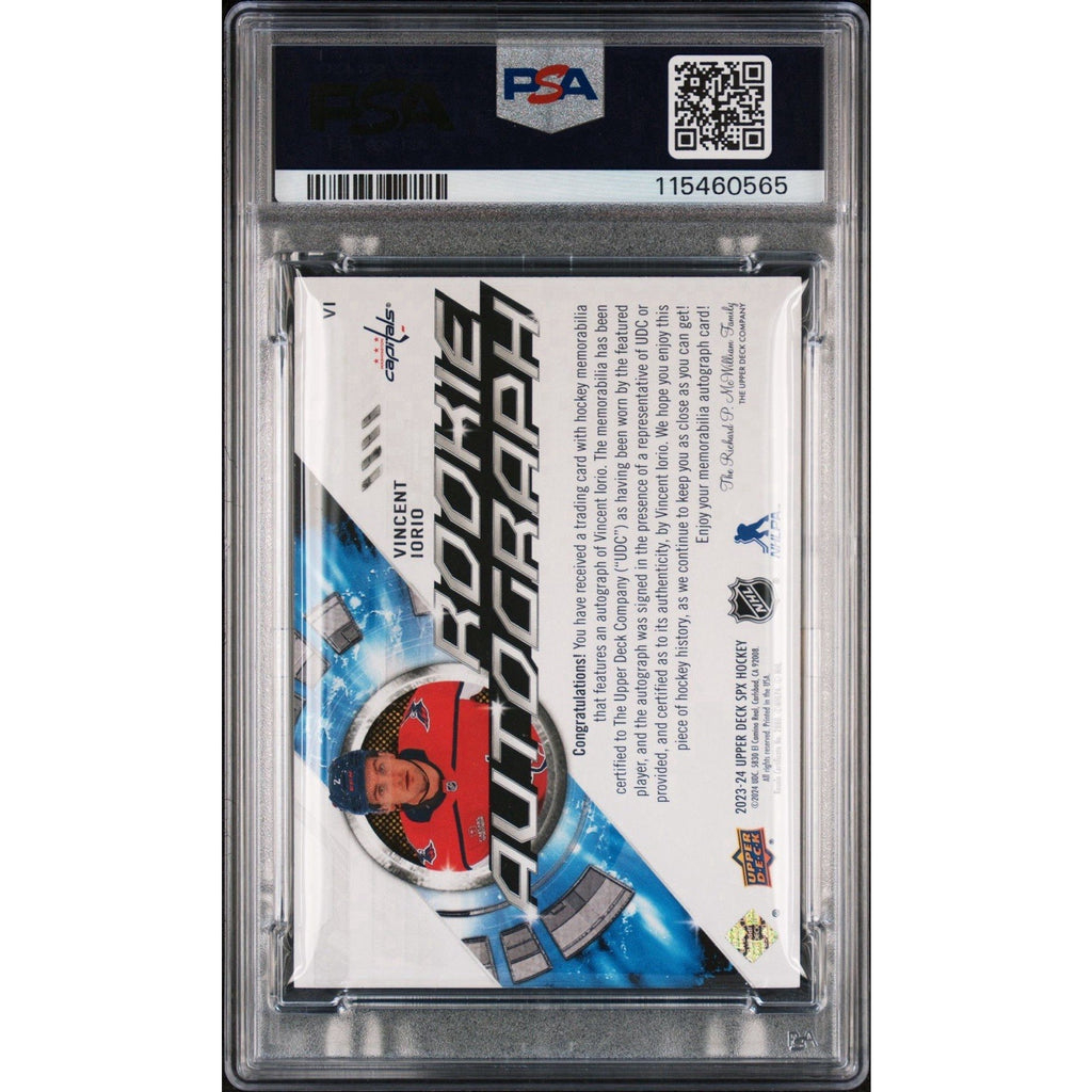 Back of 2023 SPx Vincent Iorio Rookie Jersey Autographs Washington Capitals patch auto card authenticated and encapsulated by PSA