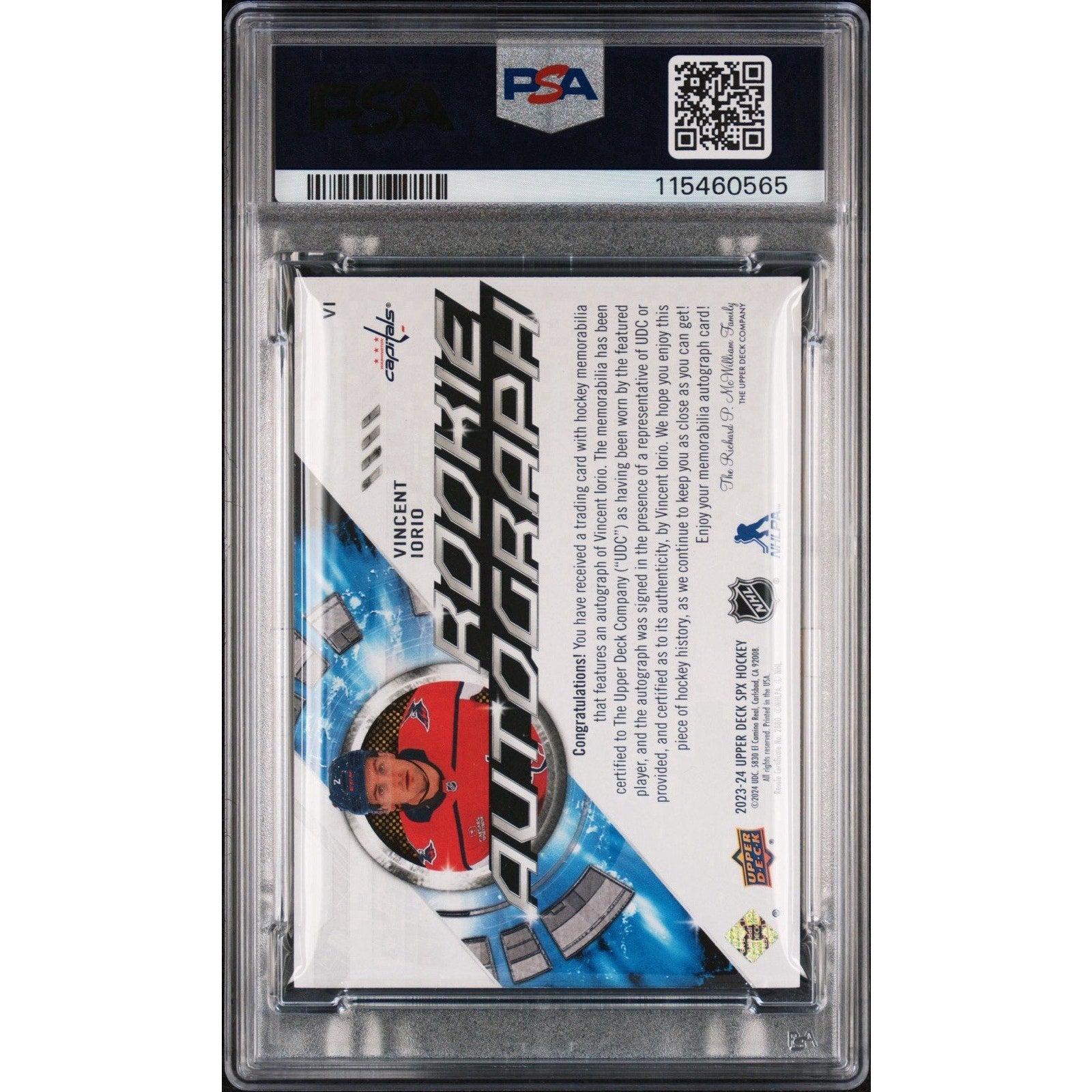 Back of 2023 SPx Vincent Iorio Rookie Jersey Autographs Washington Capitals patch auto card authenticated and encapsulated by PSA