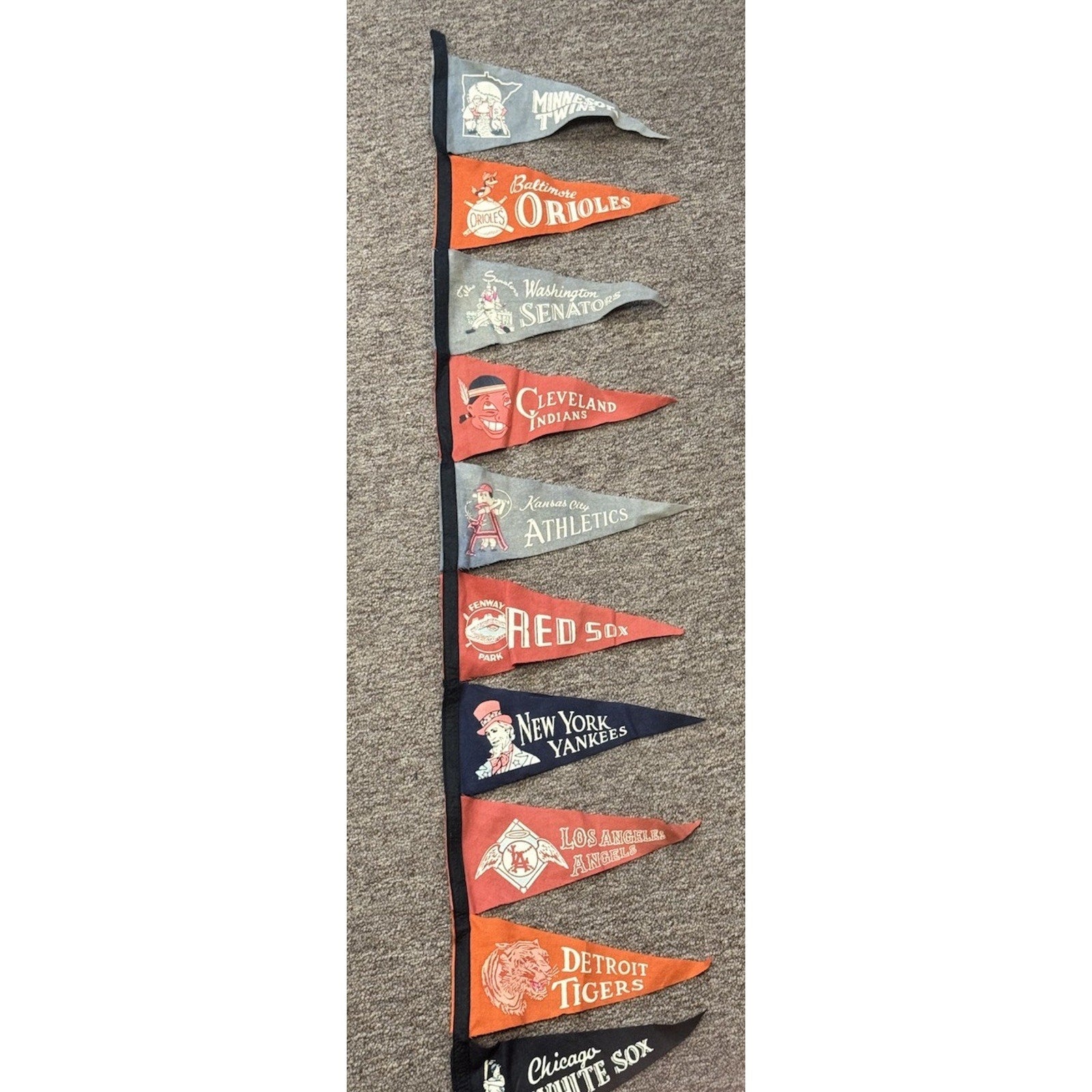 Vintage American League MLB felt mini pennant set with 10 attached baseball team flags
