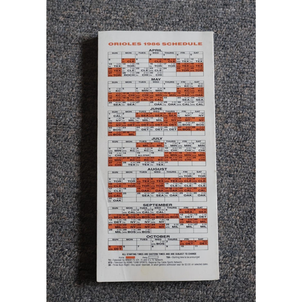 Back cover of 1986 Baltimore Orioles media guide press book with team and broadcasting information