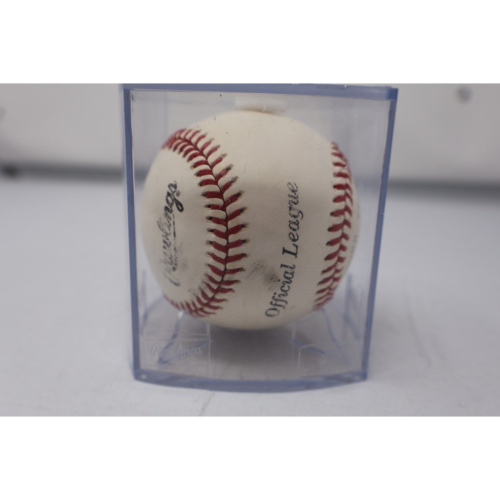 Rear angled close-up of Rawlings baseball and autograph display case