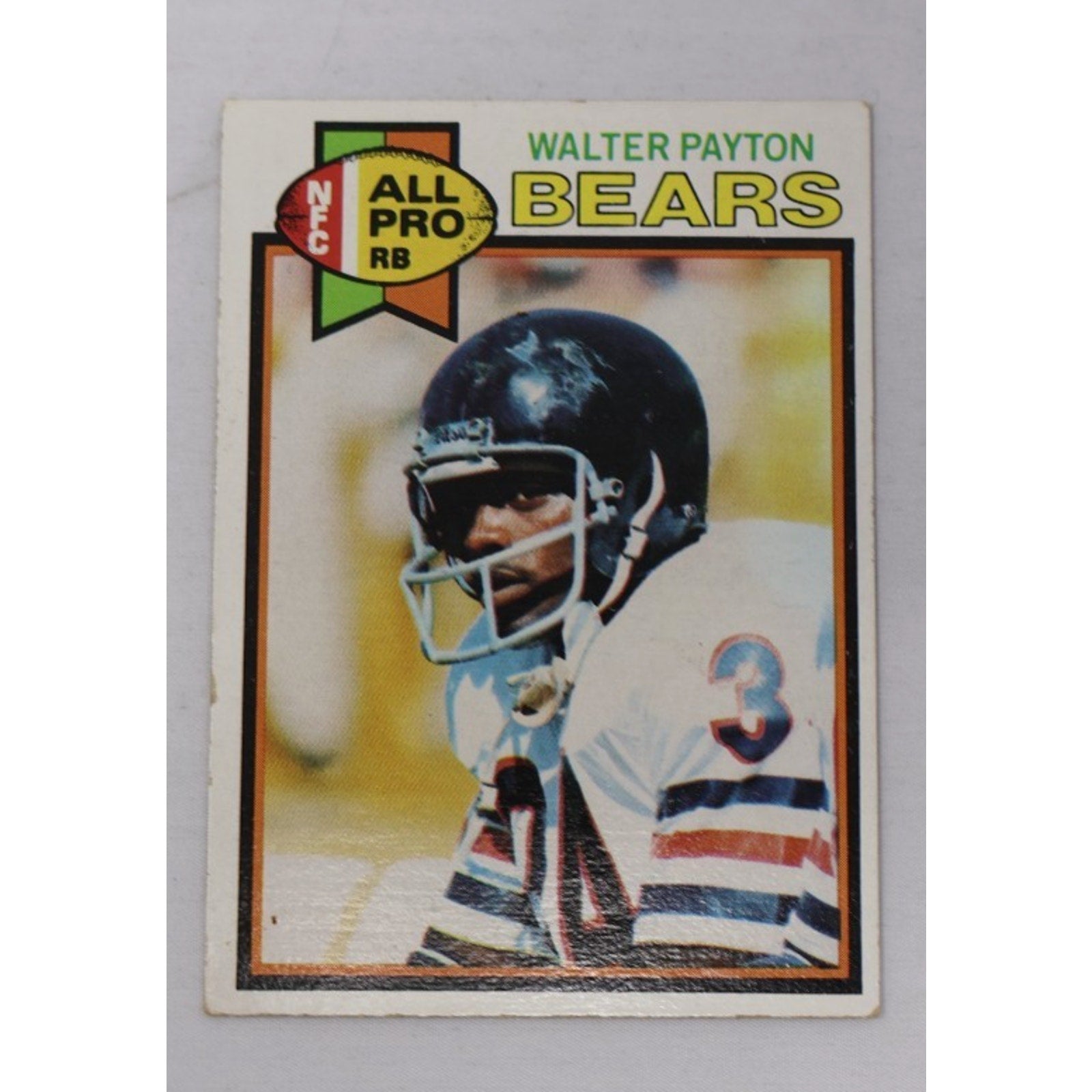 1979 Topps Walter Payton #480 vintage Chicago Bears football trading card with visible wear and small stain on back