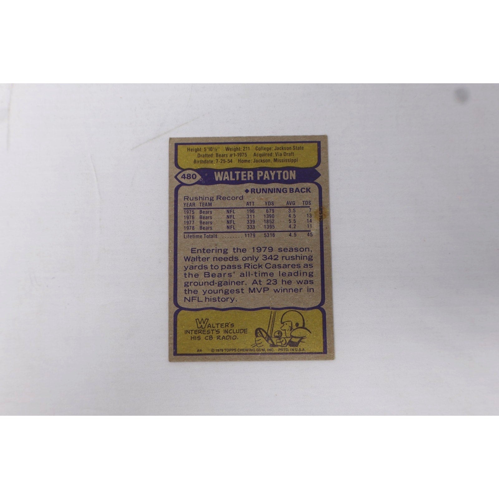 Vintage trading card of Walter Payton on a white background