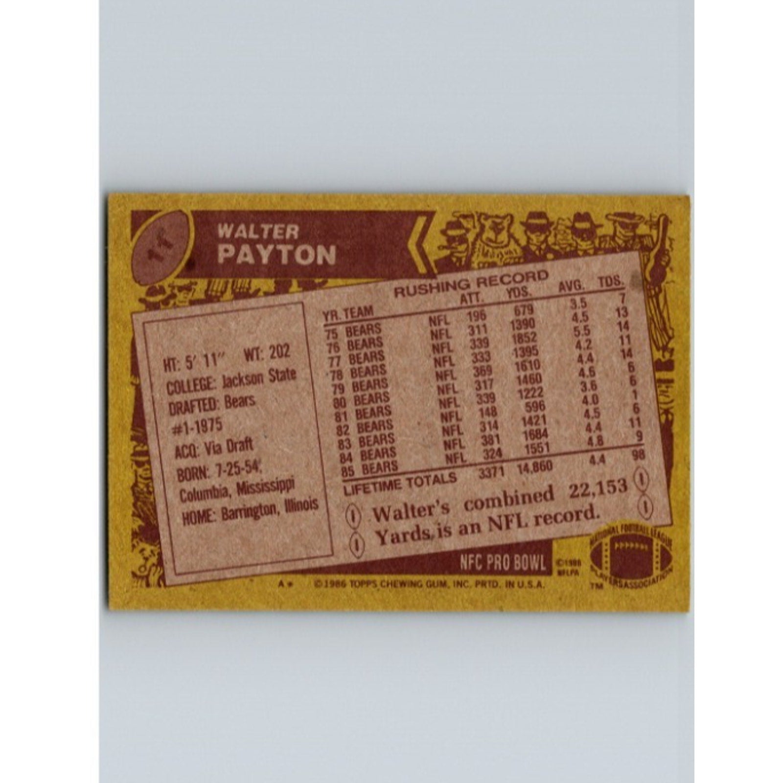 Back of 1986 Topps Walter Payton #11 card showing player statistics and career highlights