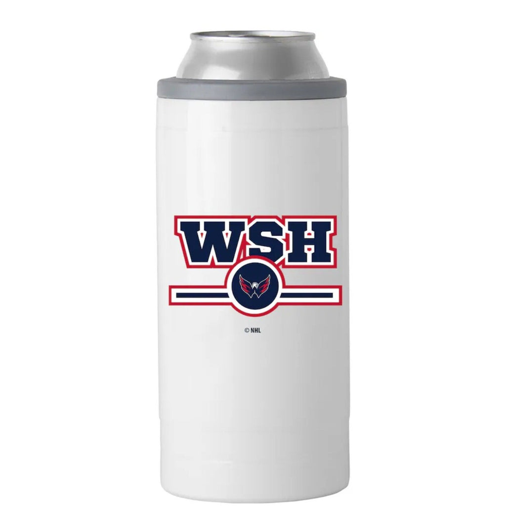 Washington Capitals 12oz slim can cooler coozie with WSH logo and double wall insulation front view