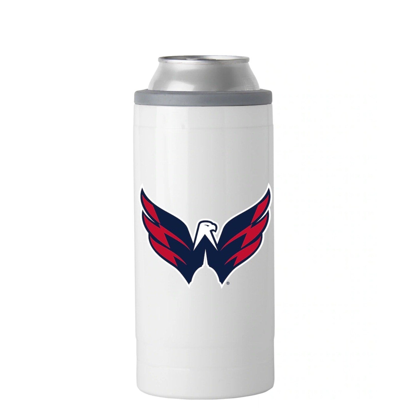 Side view of Washington Capitals 12oz slim can cooler featuring team logo