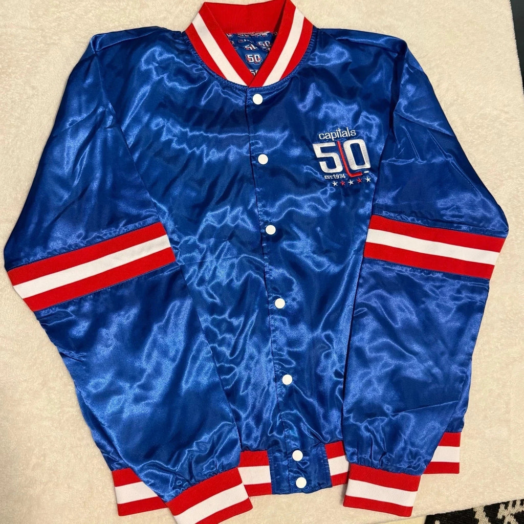 Washington Capitals 50th Anniversary varsity snap jacket in royal blue satin with red and white striped trim