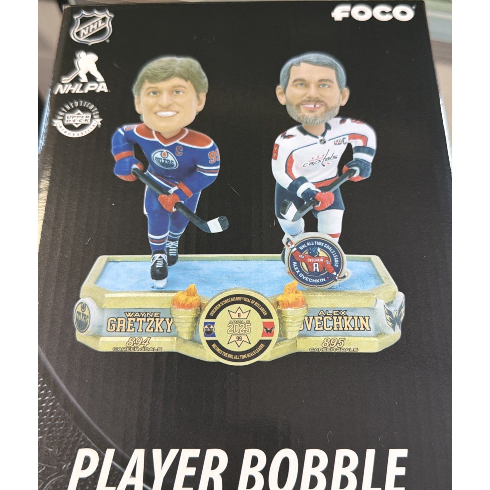 Wayne Gretzky and Alexander Ovechkin dual FOCO bobblehead commemorating 895 goals with NHL branding and collectible display base