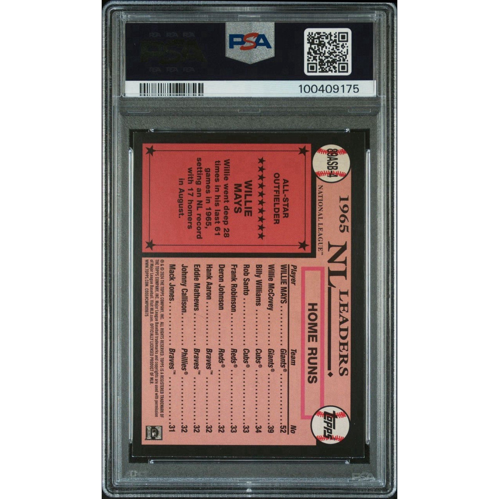 Back of 2024 Topps Willie Mays Silver Ice Foil PSA 9 baseball card slab