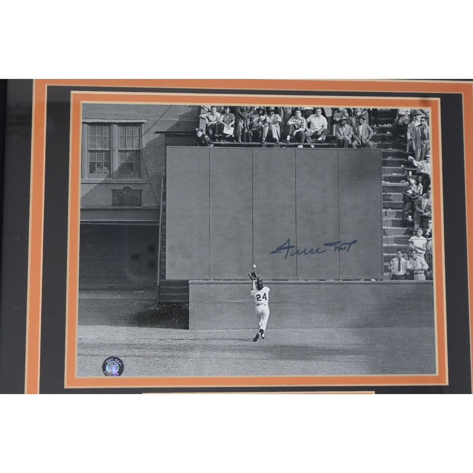 Additional angled view of framed Willie Mays “The Catch” memorabilia display