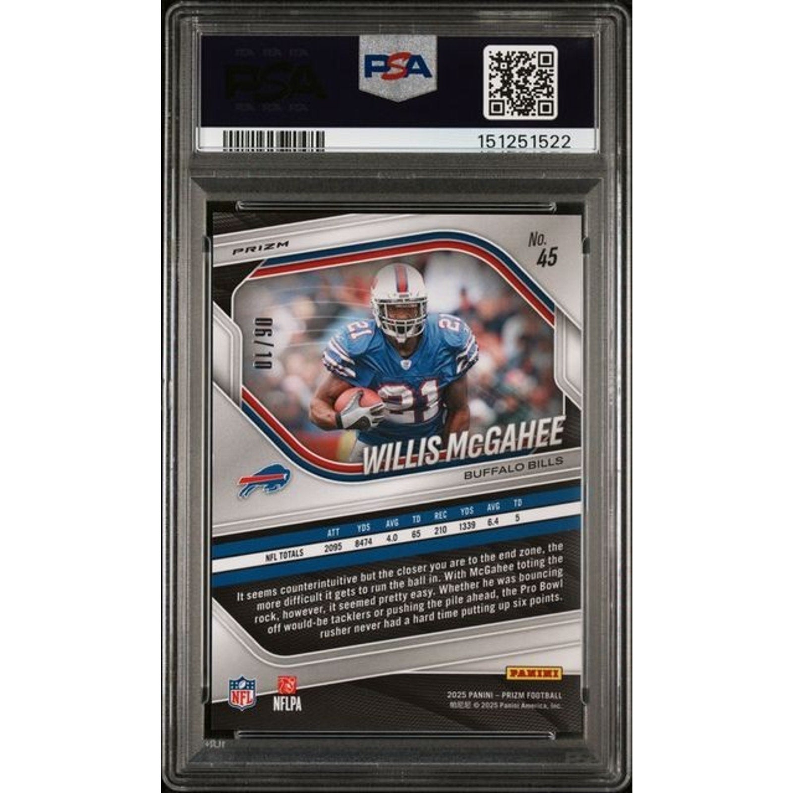 2025 Panini Prizm Willis McGahee Gold Choice #45 PSA 10 Gem Mint card back featuring player statistics and career information