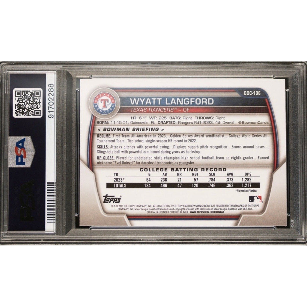Back of PSA-graded Wyatt Langford 2023 Bowman Draft Lunar Glow Refractor card with player details and grading label