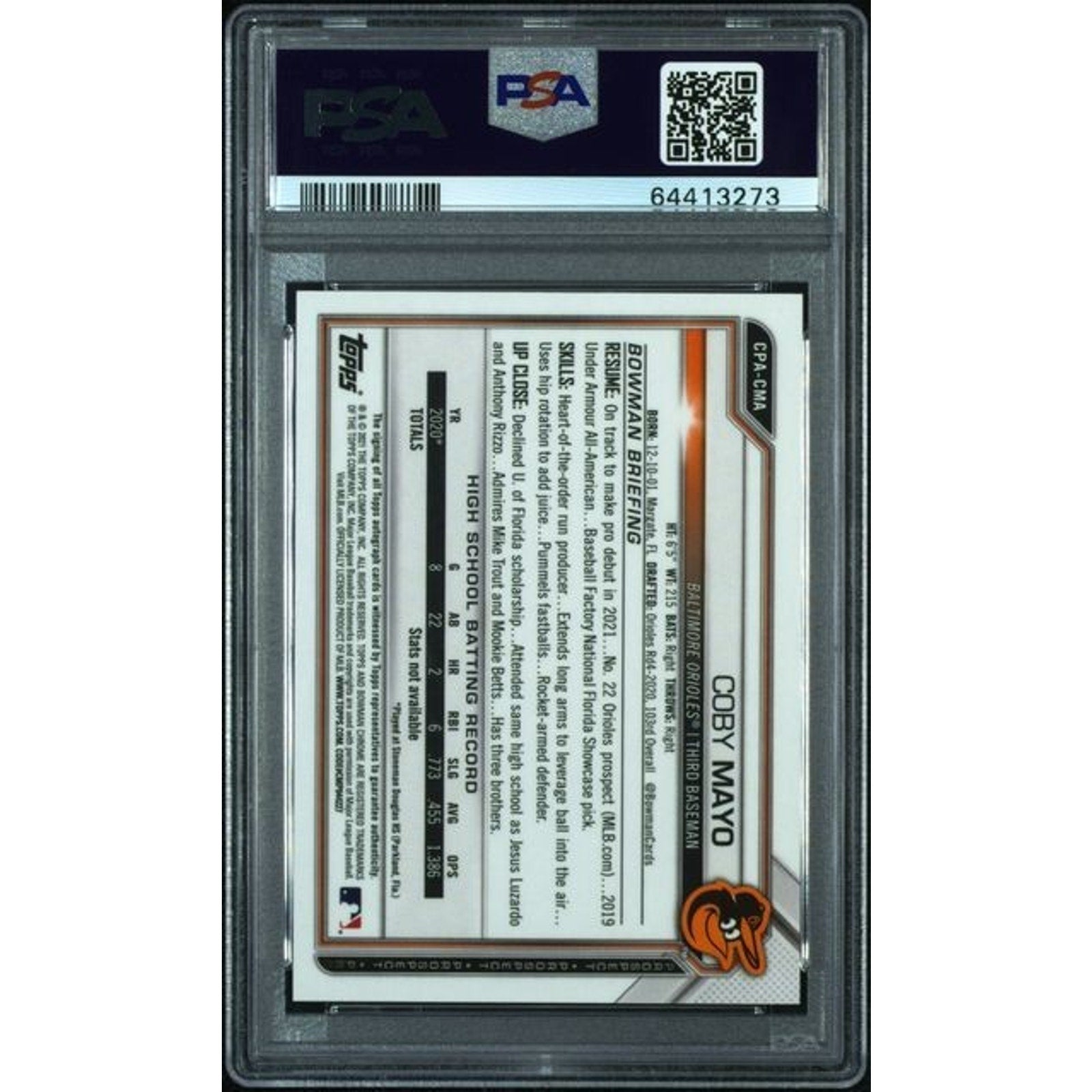 2021 Bowman Chrome Prospects Coby Mayo Speckle Ref /299 #CPA-CMA Auto PSA 10