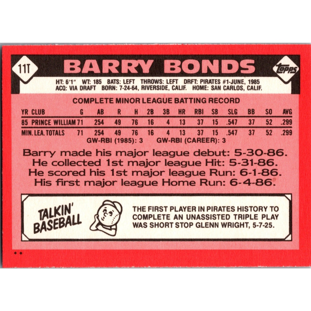 Barry Bonds 1986 Topps Traded #11T ROOKIE CARD RC Pittsburgh Pirates NM