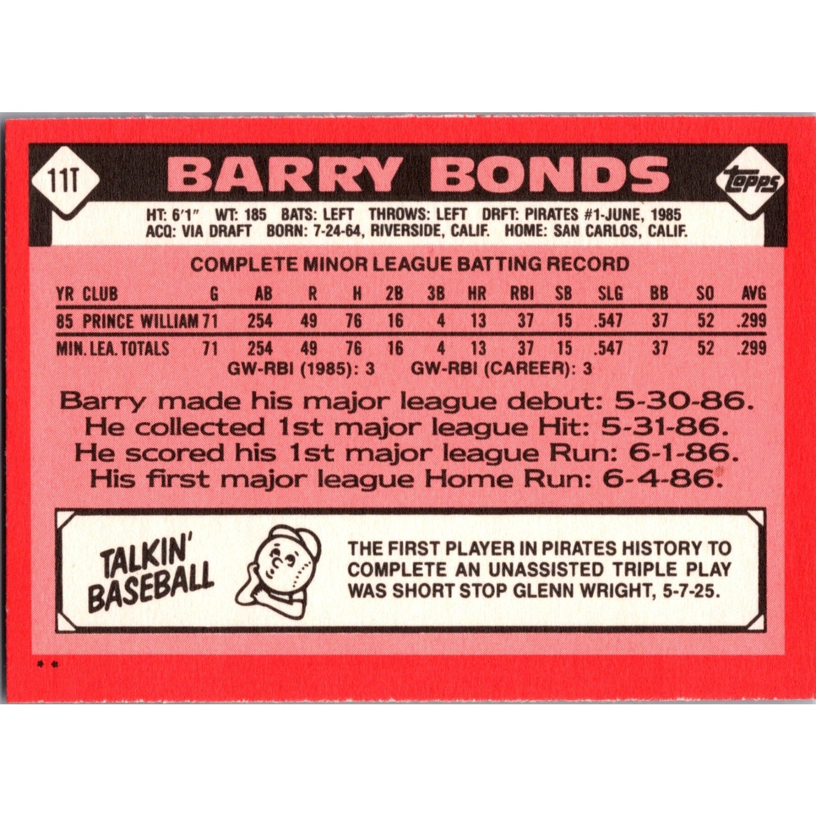 Barry Bonds 1986 Topps Traded #11T ROOKIE CARD RC Pittsburgh Pirates NM