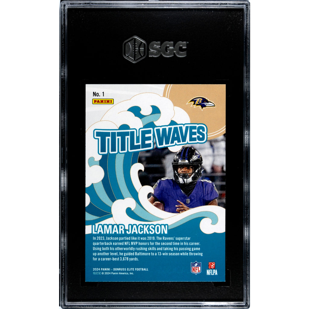 Lamar Jackson 2024 Panini Elite Title Waves Green #1 SGC Graded 9.5 MT+