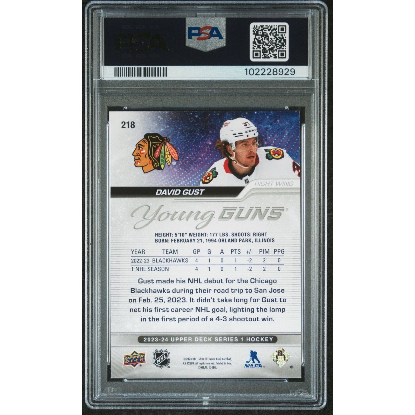 2023 Upper Deck Young Guns Rookie #218 David Gust RC Chicago Blackhawks PSA 9