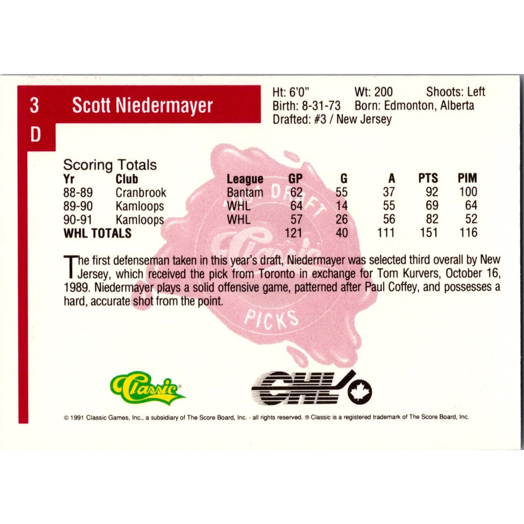 Scott Niedermayer 1991 Classic Draft Picks #3 New Jersey Devils Mint