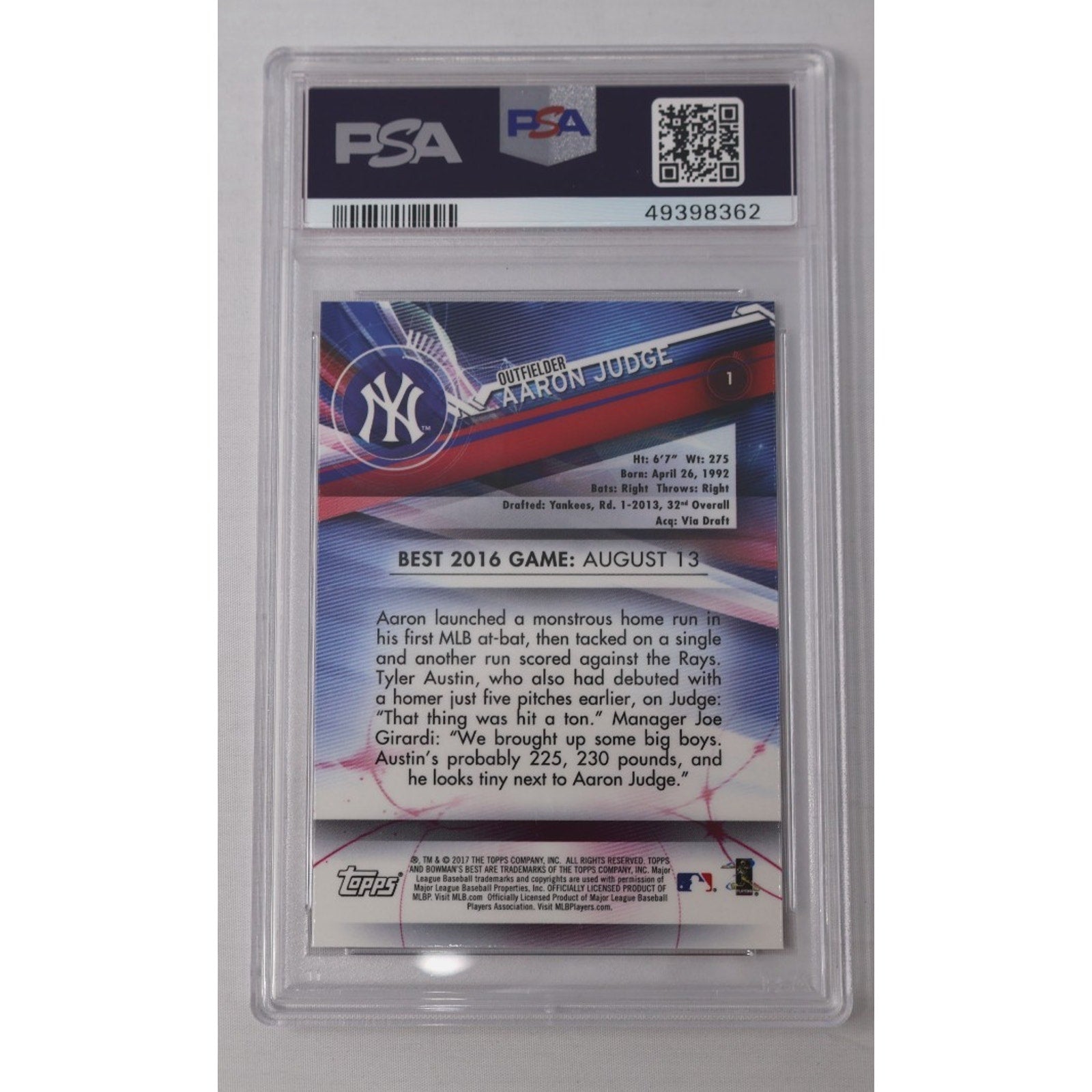 Aaron Judge 2017 Bowman's Best RC #1 Rookie PSA 10 Gem Mint