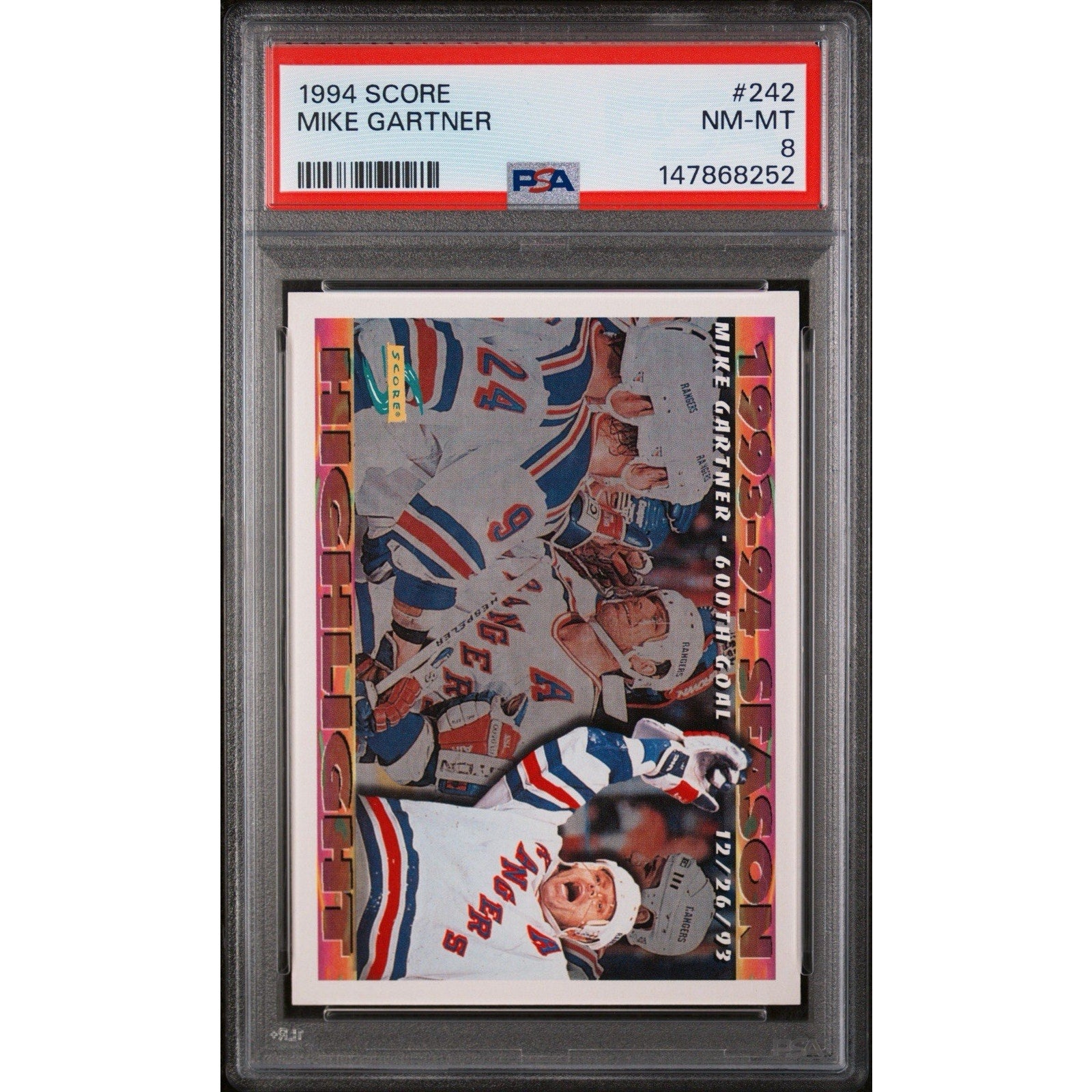 1994-95 Score Mike Gartner #242 PSA 8 NM-MT New York Rangers vintage NHL hockey card front