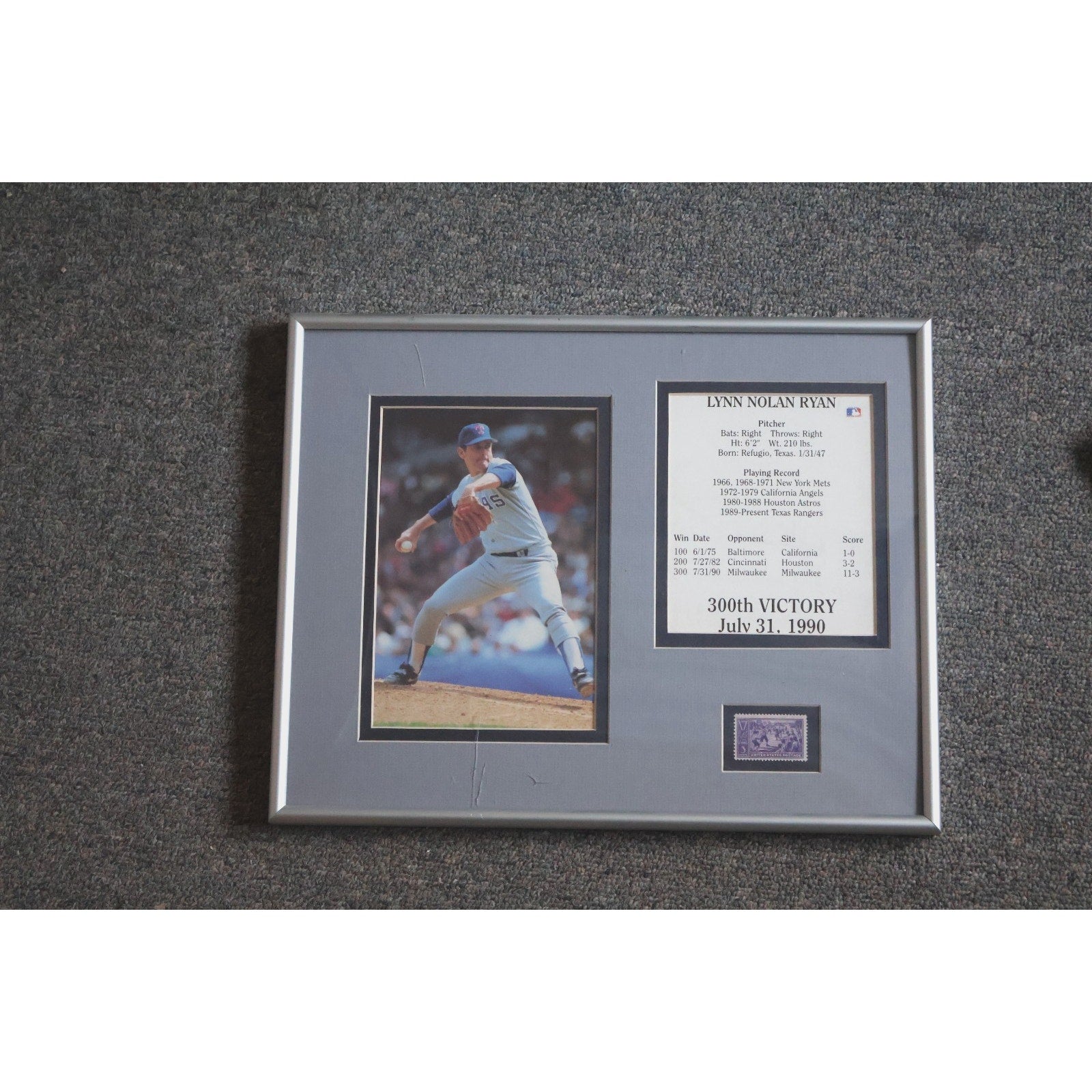 Nolan Ryan 300th Victory Framed Commemorative Art Plaque W/ Stamp