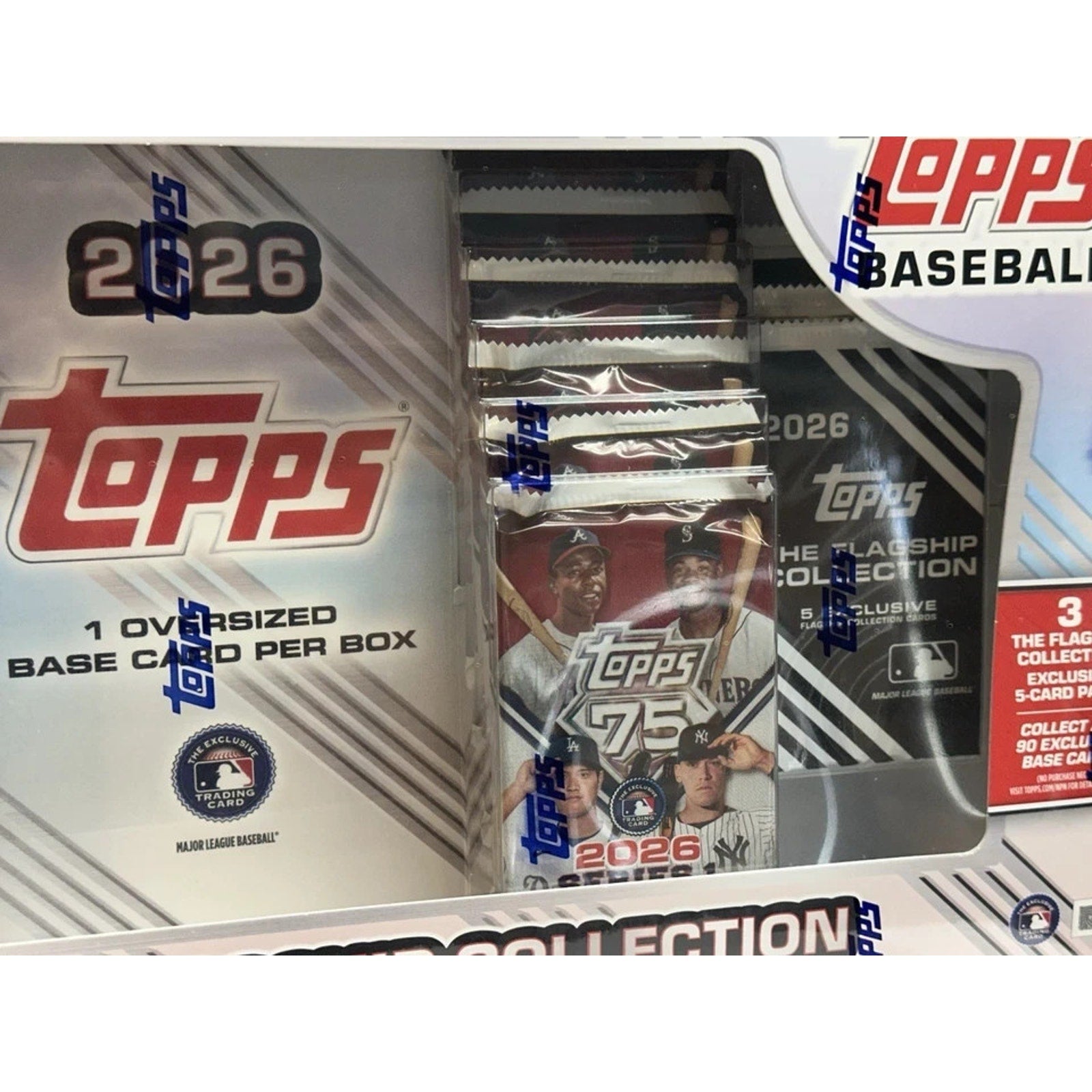 Side view of sealed 2026 Topps Flagship Collection MLB Baseball box with factory wrapping intact