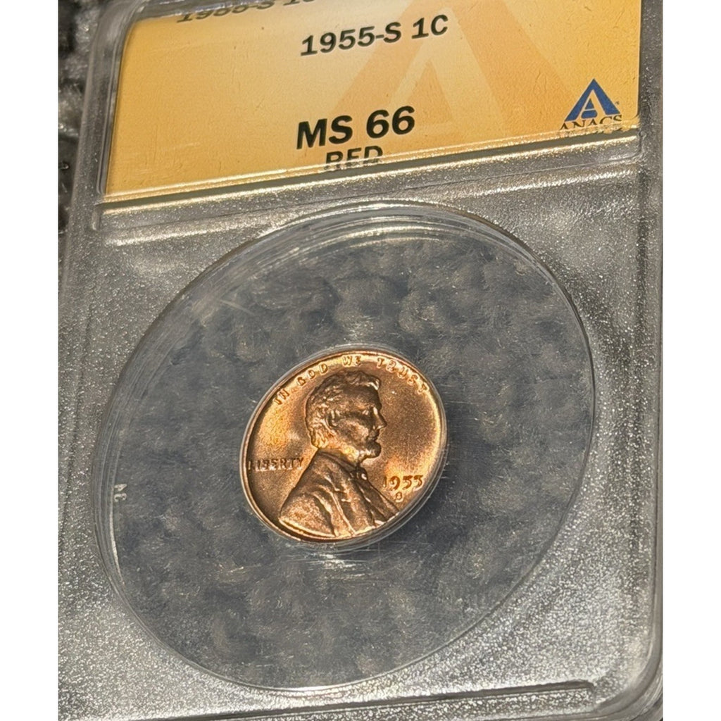 1955-S 1c Lincoln Penny Cent Anacs MS66 RED San Francisco Mint USA