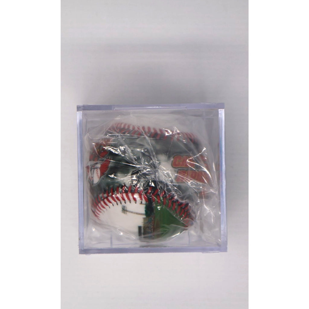 Alternate angle showing printed Cal Ripken Jr artwork on commemorative baseball