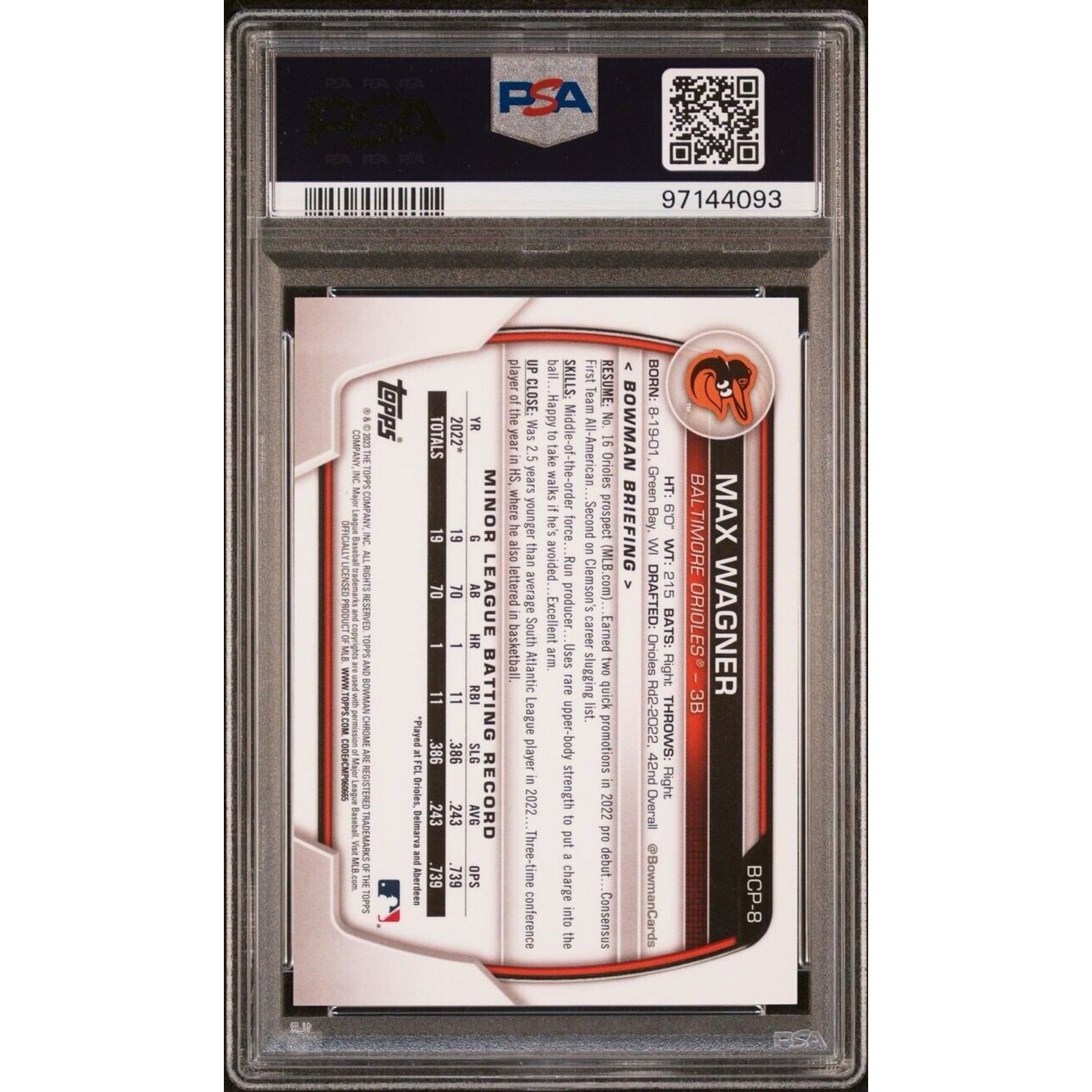 Max Wagner 2023 Bowman Chrome Prospect Yellow Lava Refractor /75 Orioles PSA 9