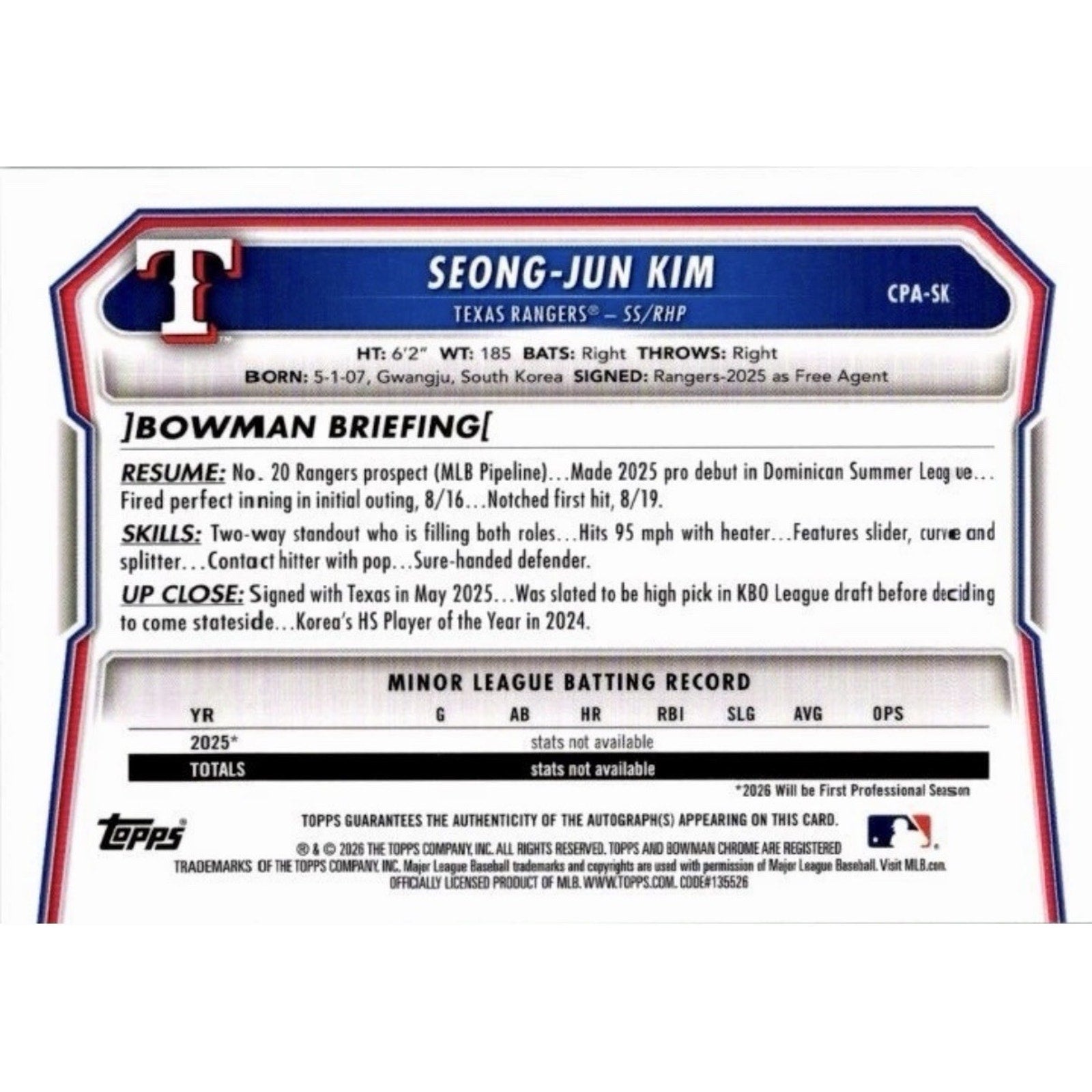 2026 Bowman Chrome Seong-Jun Kim 1st Bowman Green Shimmer Autograph #CPA-SK card back featuring prospect information and certified autograph details