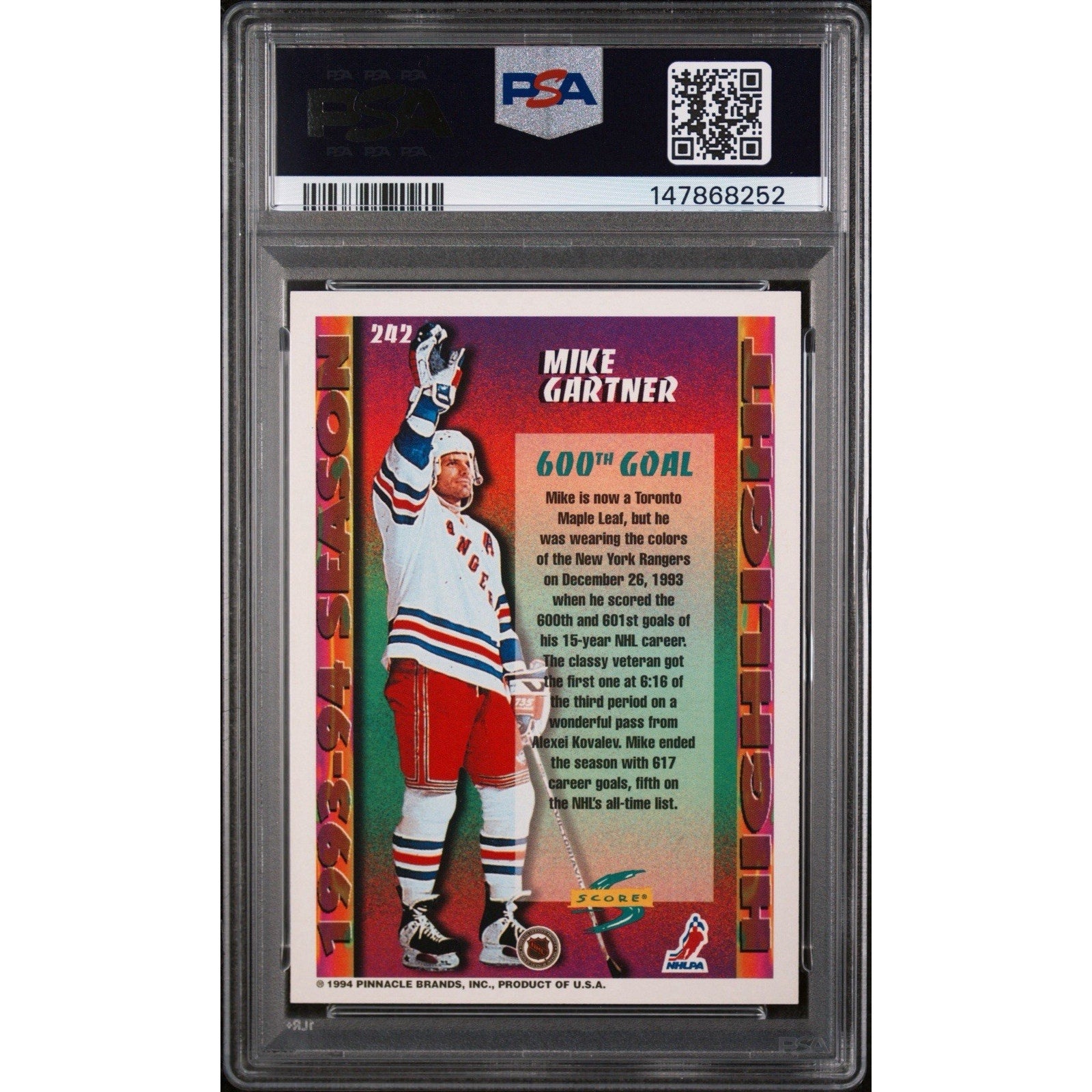 1994-95 Score Mike Gartner #242 PSA 8 NM-MT hockey card back featuring career statistics and player information