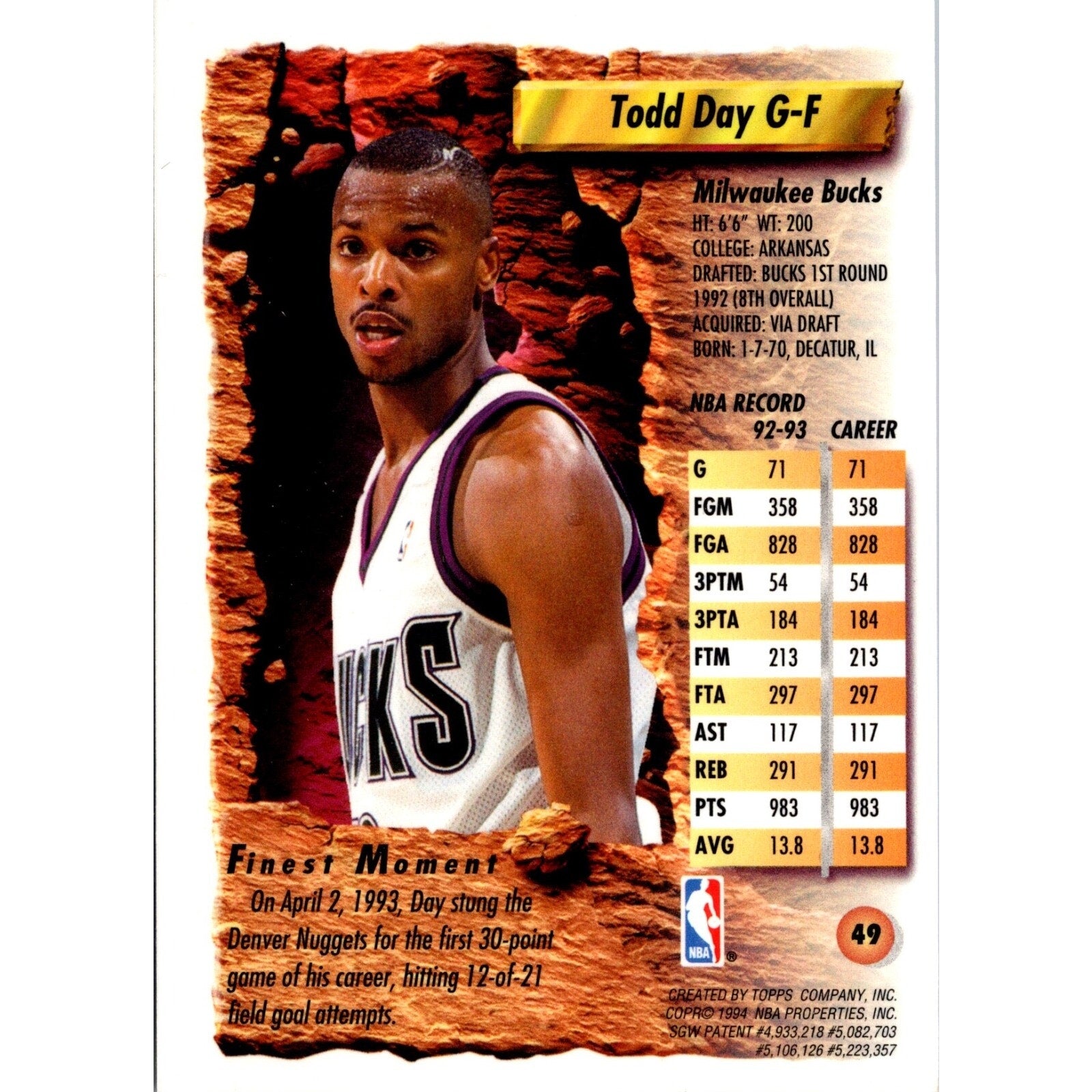 1993 Finest Todd Day #49 Milwaukee Bucks