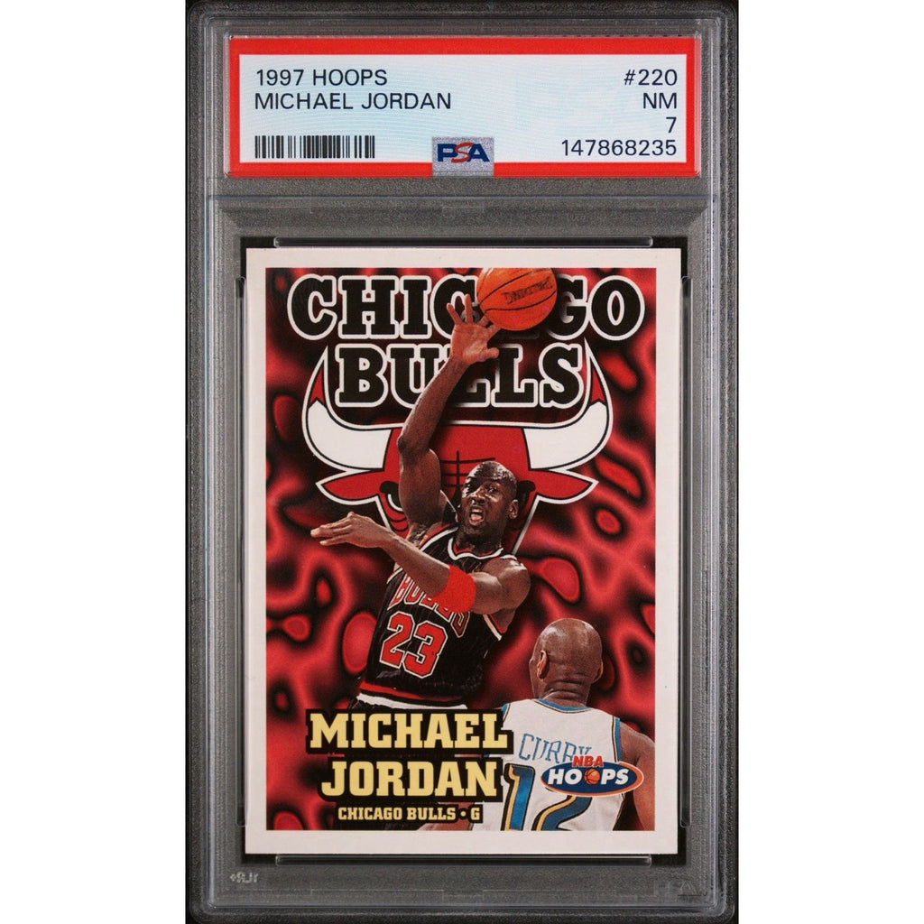 1997 Hoops #220 Michael Jordan PSA 7 Near Mint basketball card featuring Chicago Bulls NBA legend