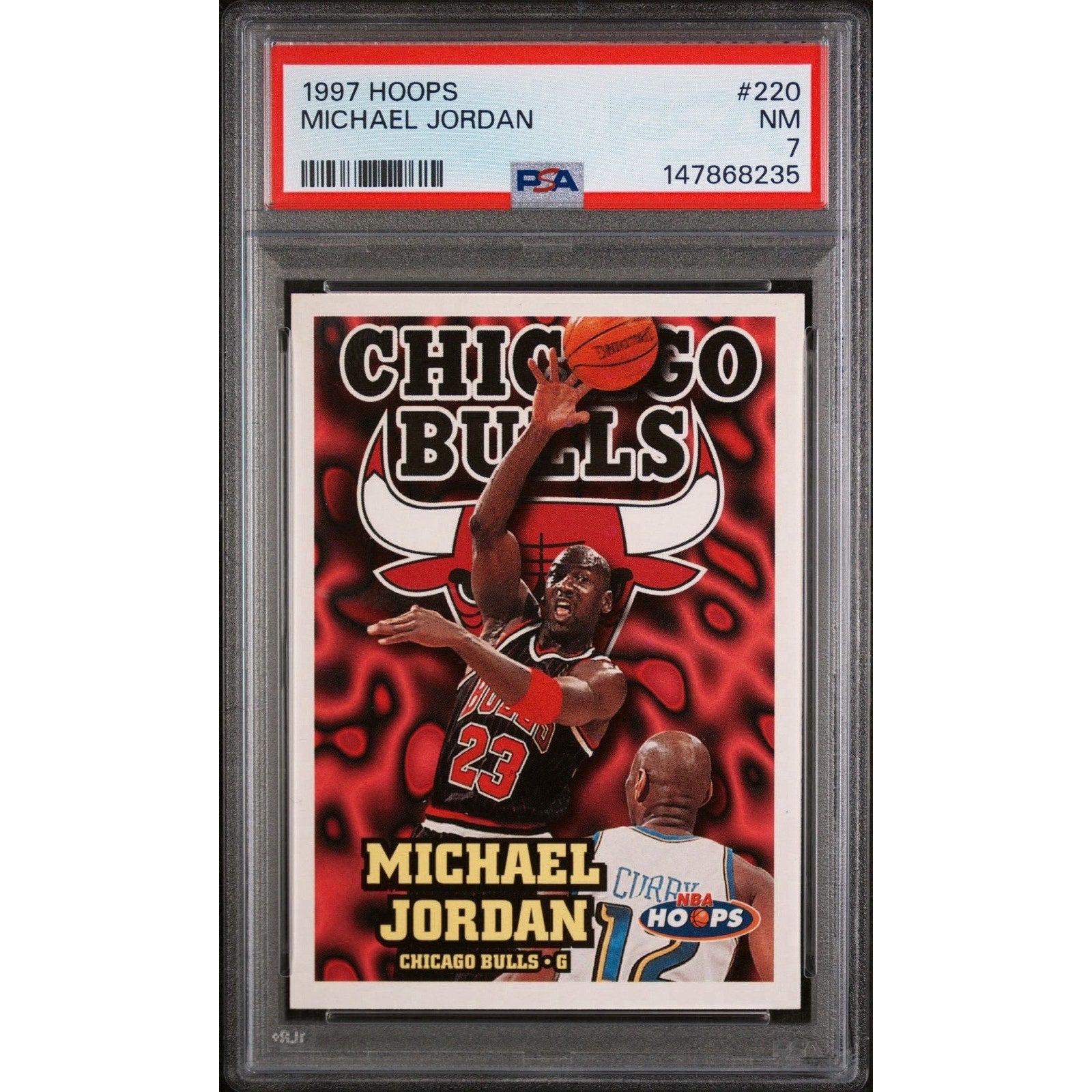 1997 Hoops #220 Michael Jordan PSA 7 Near Mint basketball card featuring Chicago Bulls NBA legend