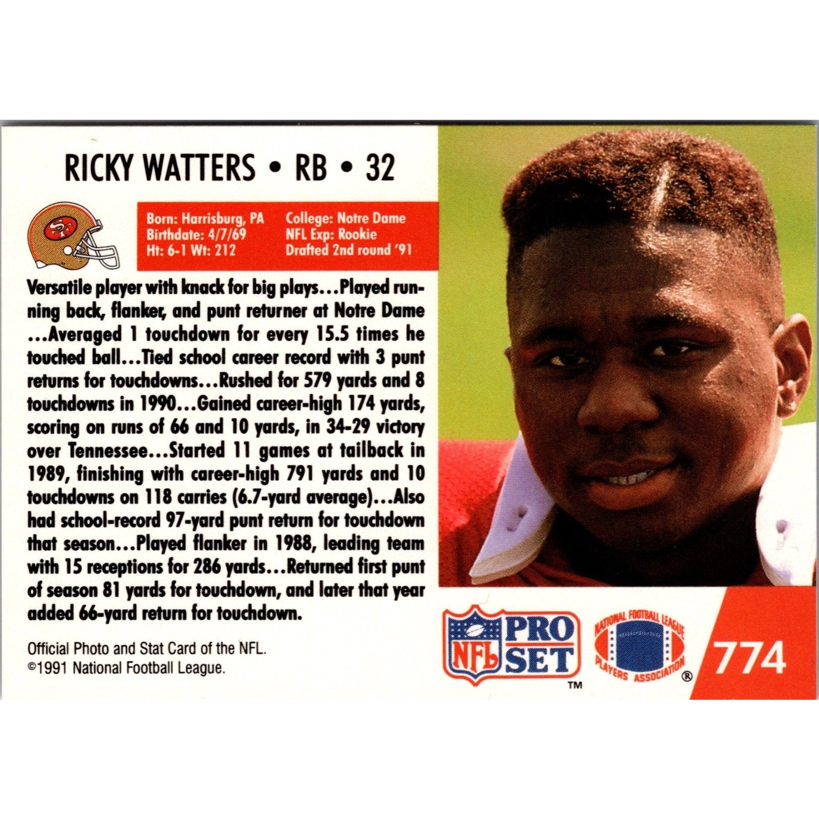Ricky Watters 1991 Pro Set #774 Rookie RC Notre Dame Fighting Irish/SF 49ers