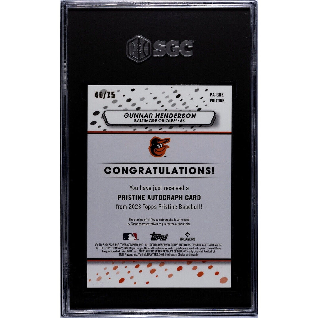2023 Gunnar Henderson Topps Pristine Rookie Blue Refractor /75 SGC 9 Auto 10