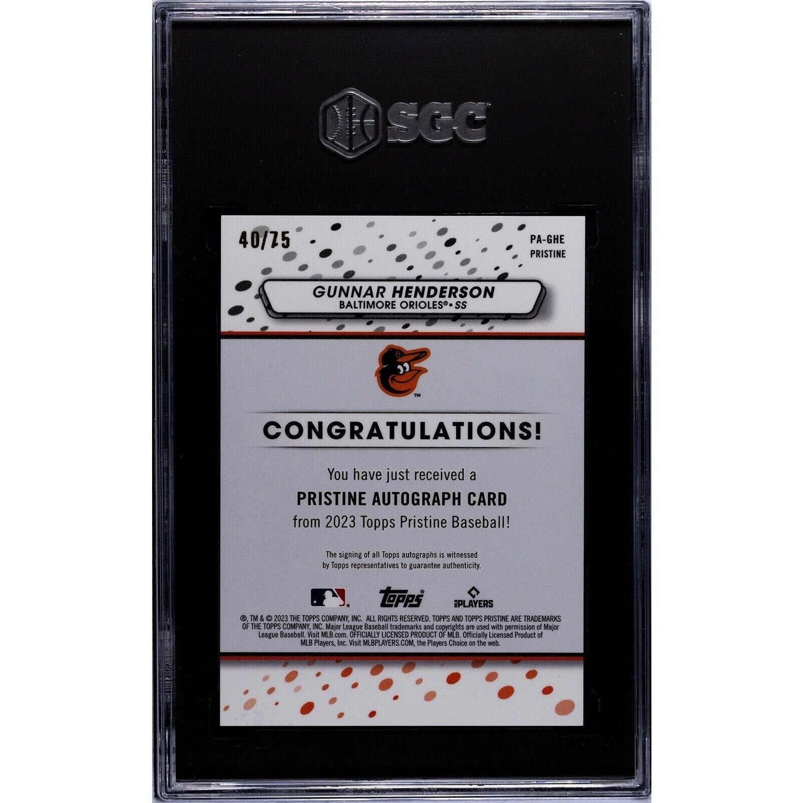 2023 Gunnar Henderson Topps Pristine Rookie Blue Refractor /75 SGC 9 Auto 10